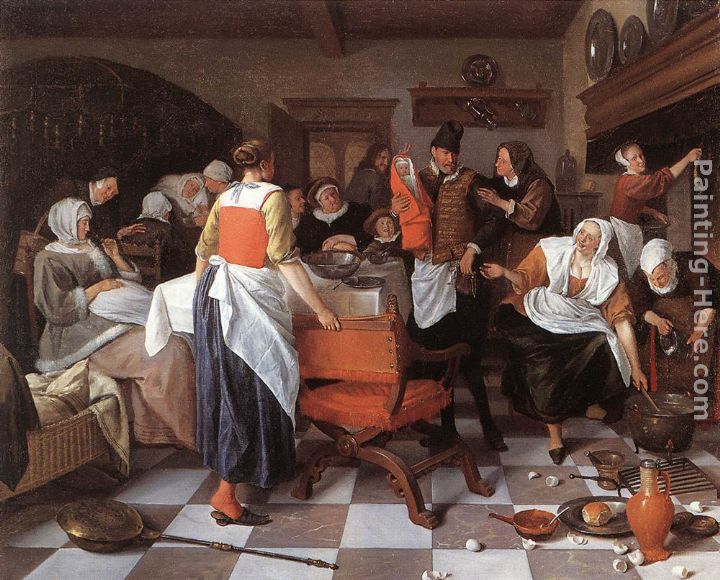 Celebrating the Birth painting - Jan Steen Celebrating the Birth art painting